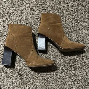 Women’s camel colored, healed boot